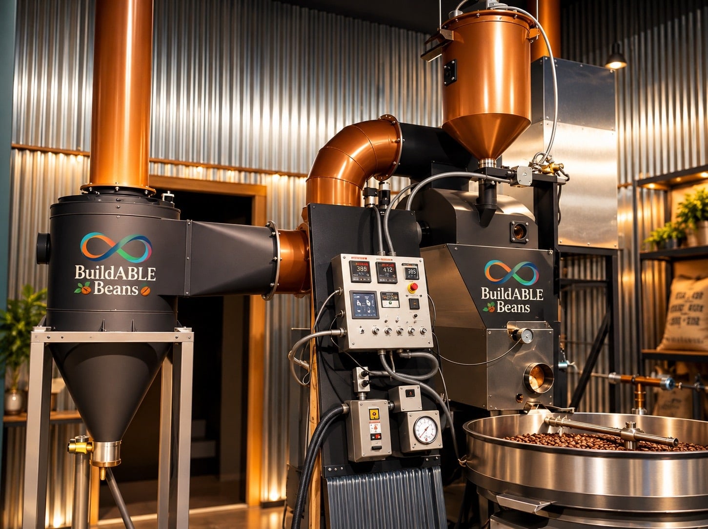The BuildABLE Beans air roaster in the roasting room, with copper ductwork and a cooling tray of fresh beans